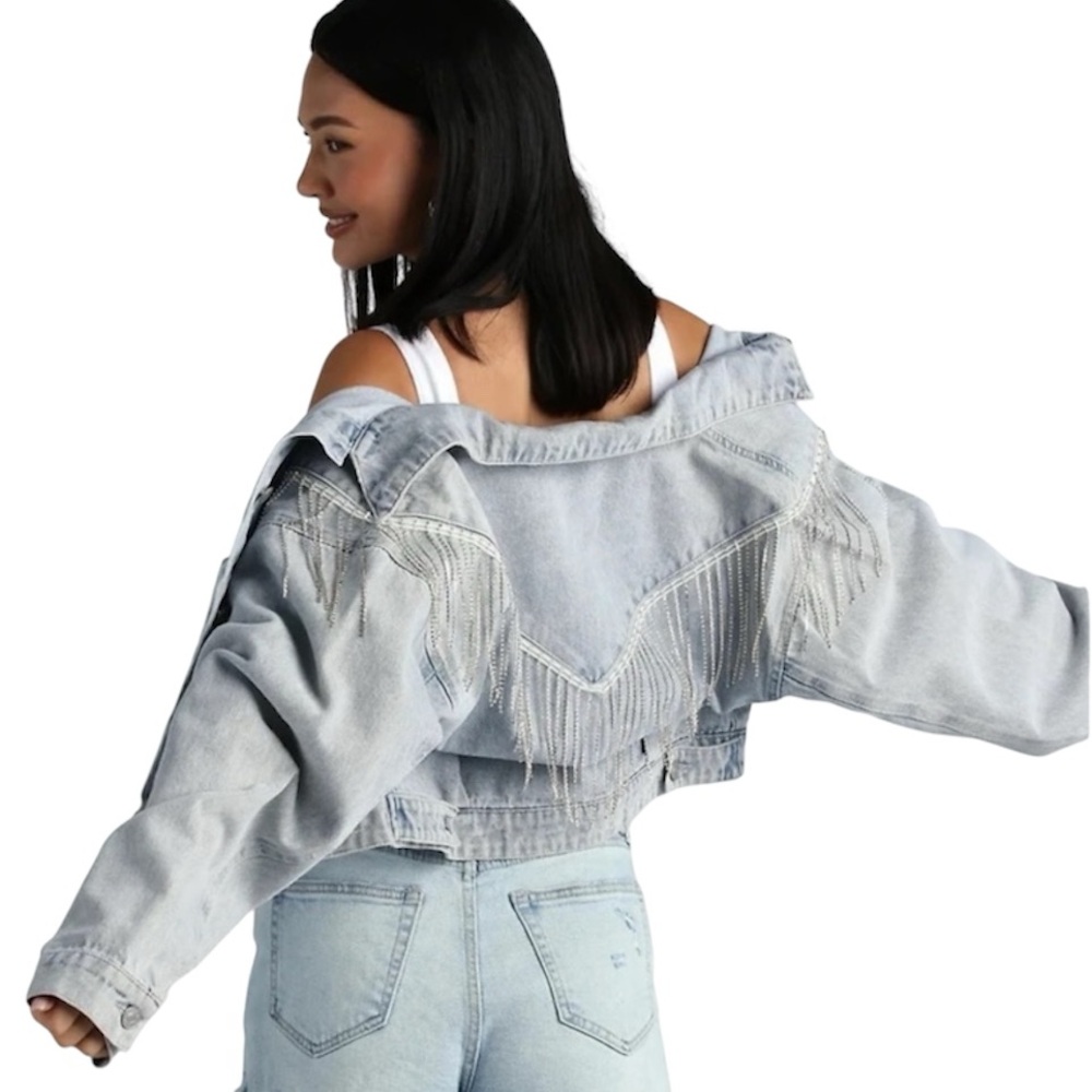 WINDSOR Glam Light Wash Denim Jacket with Rhinetone Fringe ⭐️2/$40